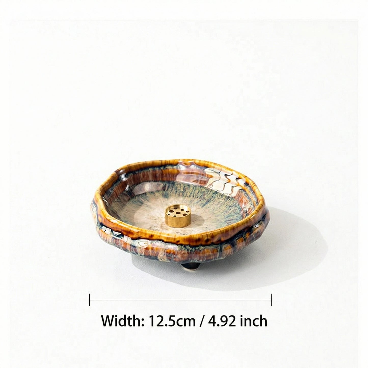 Zen Ceramic Incense Stick Holder with Brass Insert - Kiln Altered Glaze & Ice-Crack Texture