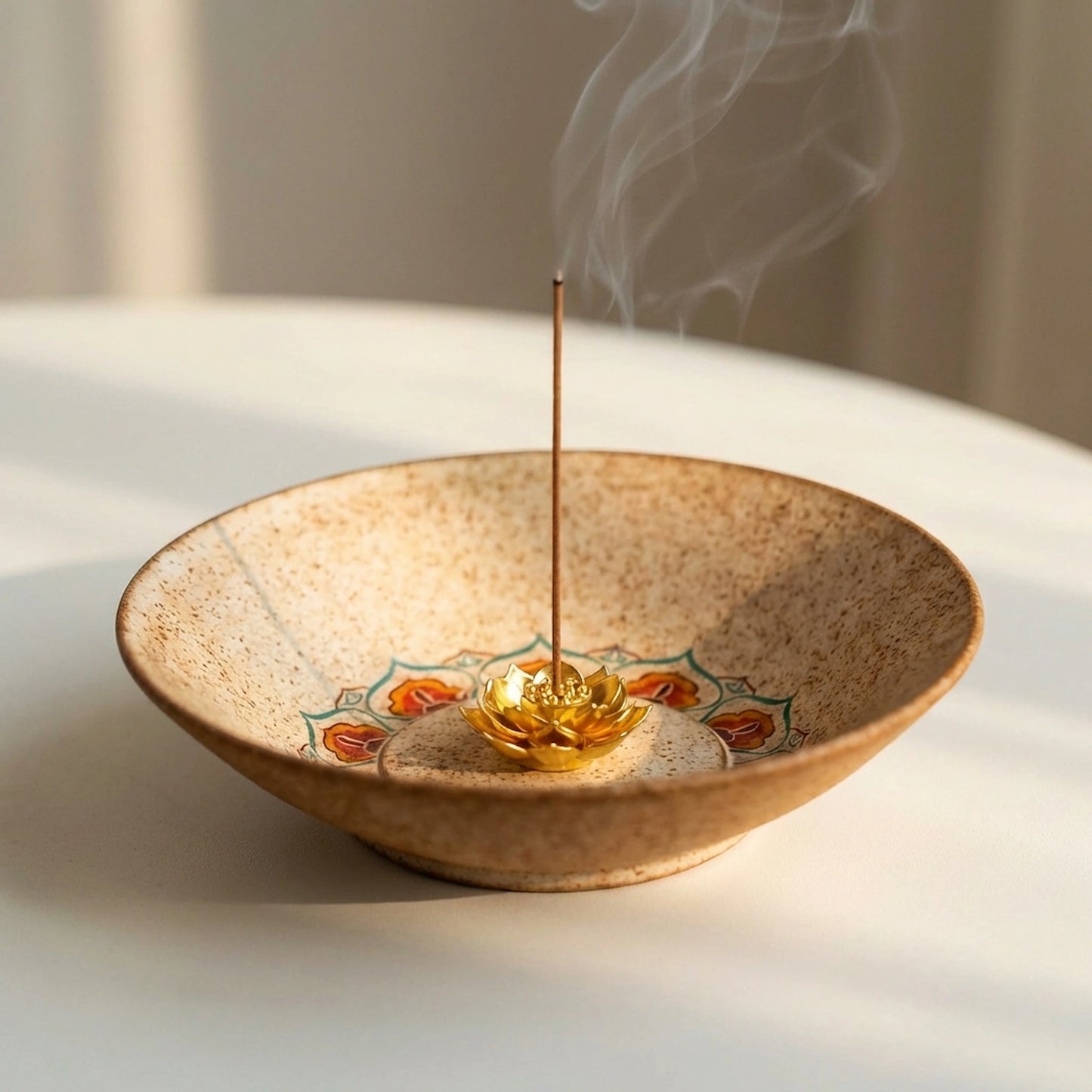 Rustic ceramic incense bowl with golden lotus holder and burning stick, wabi-sabi decor for mindfulness meditation