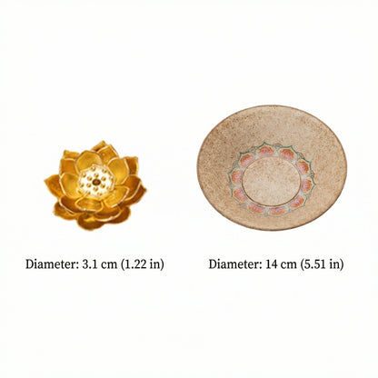 Product dimension chart showing 14cm ceramic incense bowl and 3.1cm brass lotus holder size comparison