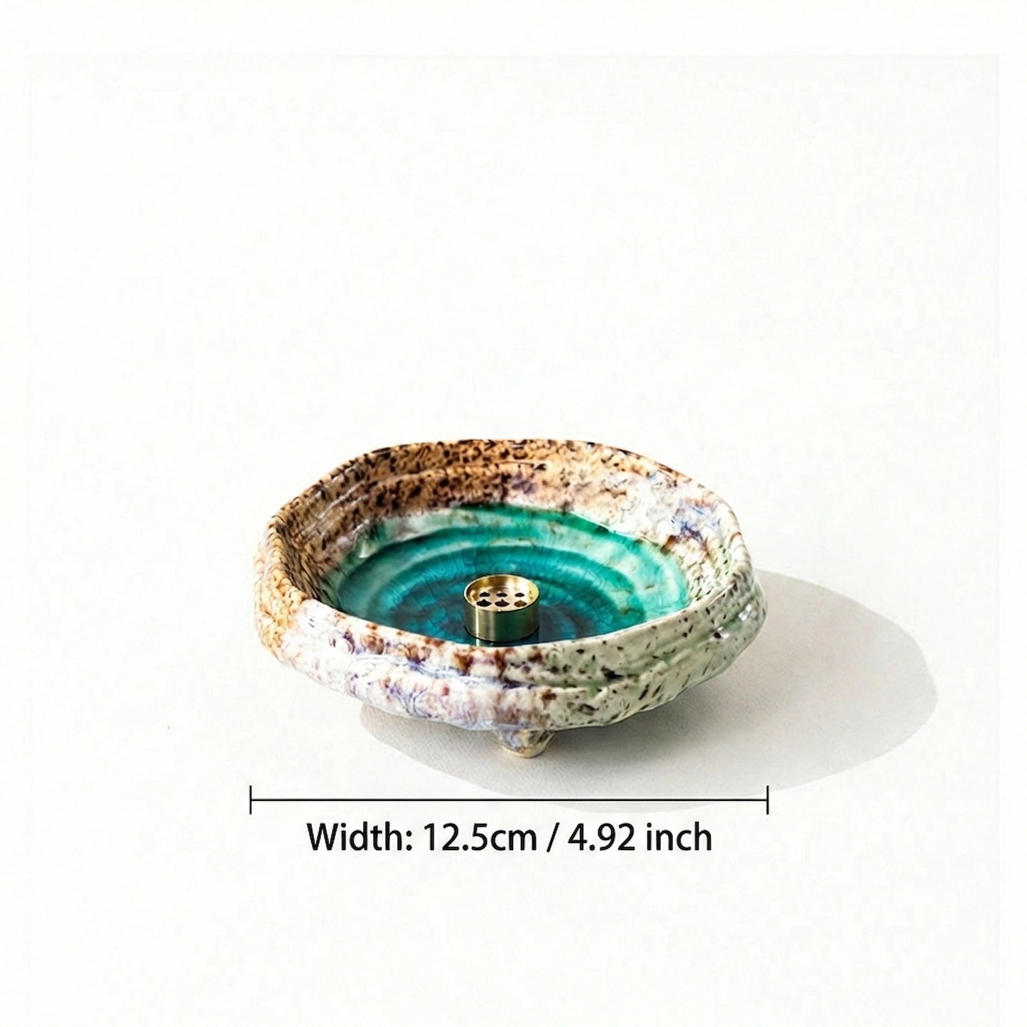 Zen Ceramic Incense Stick Holder with Brass Insert - Kiln Altered Glaze & Ice-Crack Texture