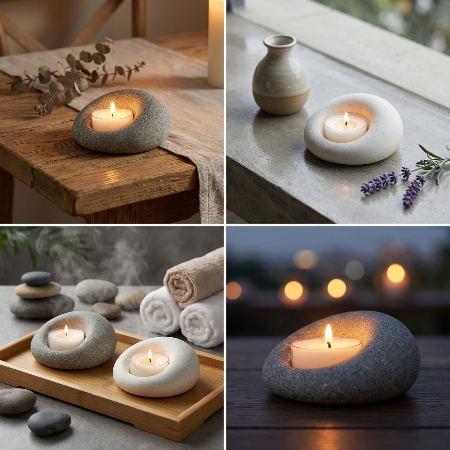 Collection of zen-inspired stone candle holders in various settings, including spa, window sill, and wooden tabletop