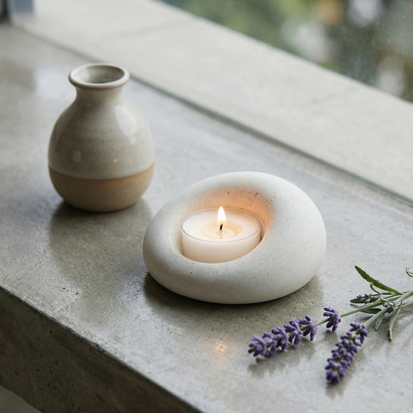 Smooth white stone candle holder on a concrete window sill next to a ceramic vase and lavender sprigs.