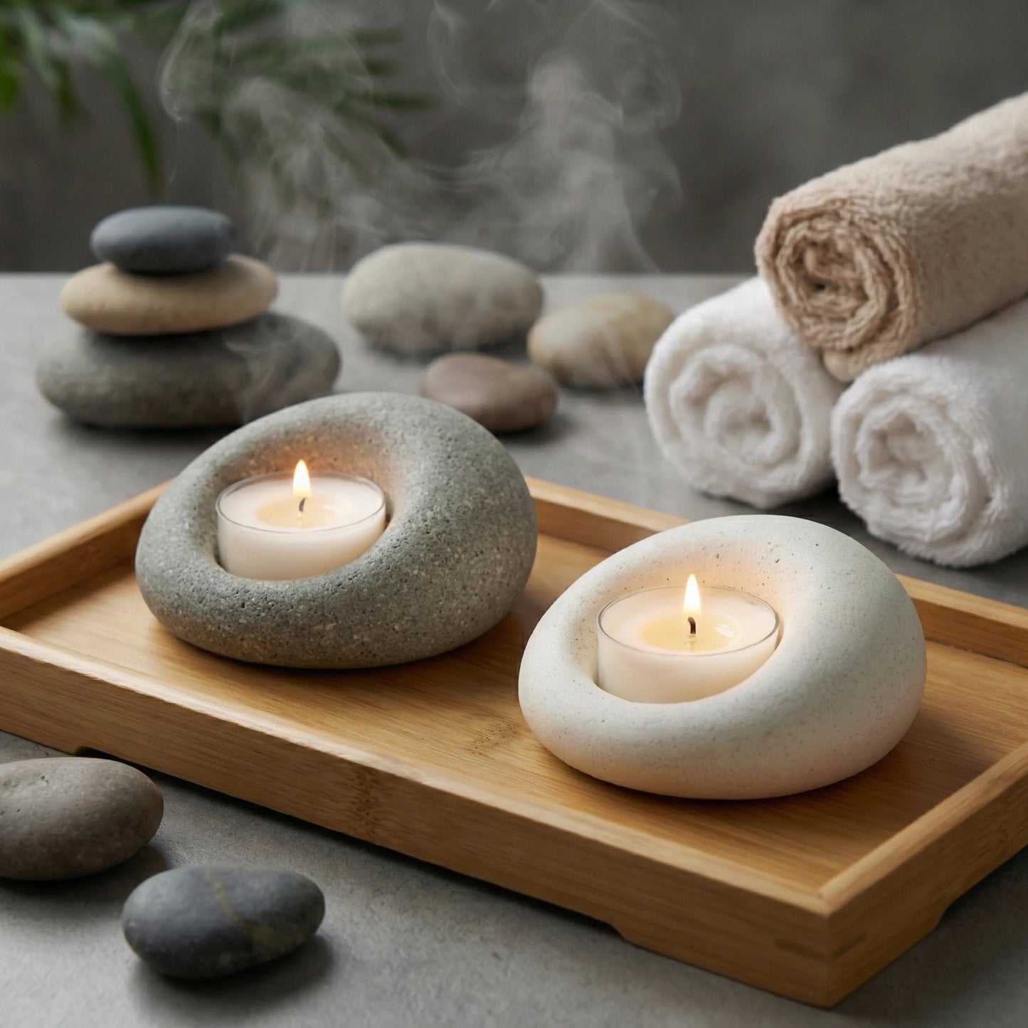 Pair of stone tealight holders on a bamboo tray with stacked spa stones and rolled white towels, meditation room decor.