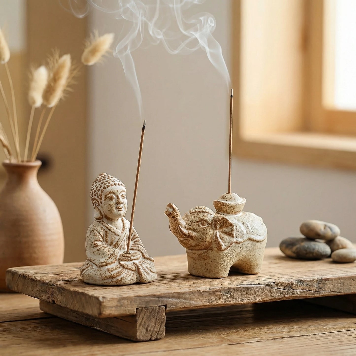 Miniature Zen Monk & Lucky Elephant Incense Stand