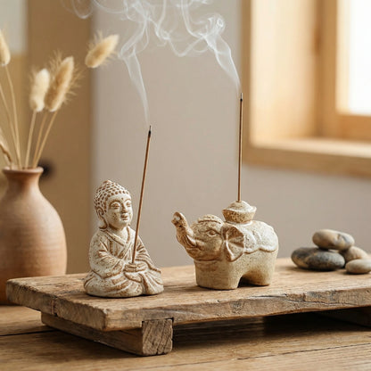 Miniature Zen Monk & Lucky Elephant Incense Stand