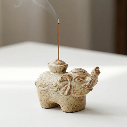 Stoneware lucky elephant incense stick holder with vintage coarse pottery texture