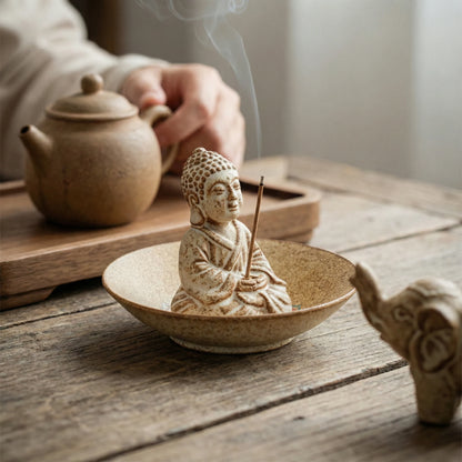 Relaxing tea ceremony setting with ceramic Buddha incense burner in a bowl and tea pot background