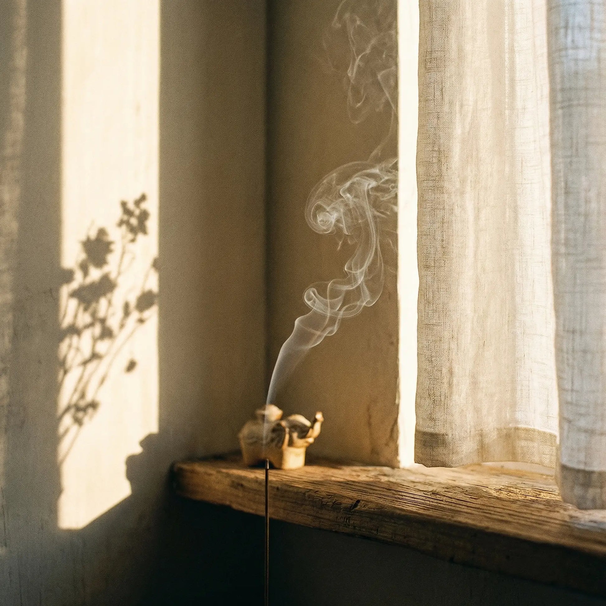 Aesthetic sunlight shadows of a ceramic elephant incense holder placed on a window sill