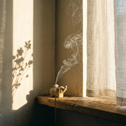 Aesthetic sunlight shadows of a ceramic elephant incense holder placed on a window sill