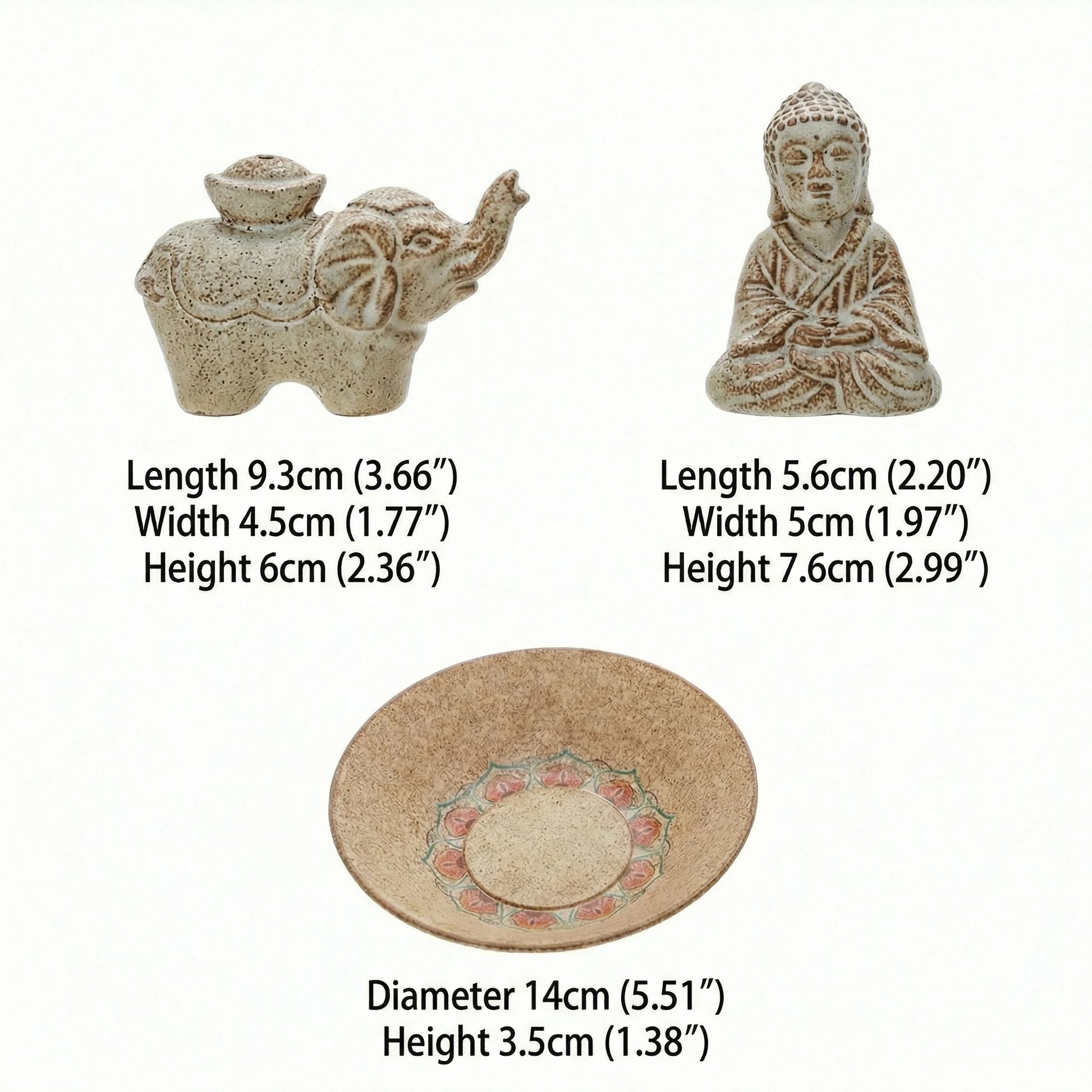 Size and dimensions chart for ceramic Buddha, Elephant incense holders and the ash catcher bowl
