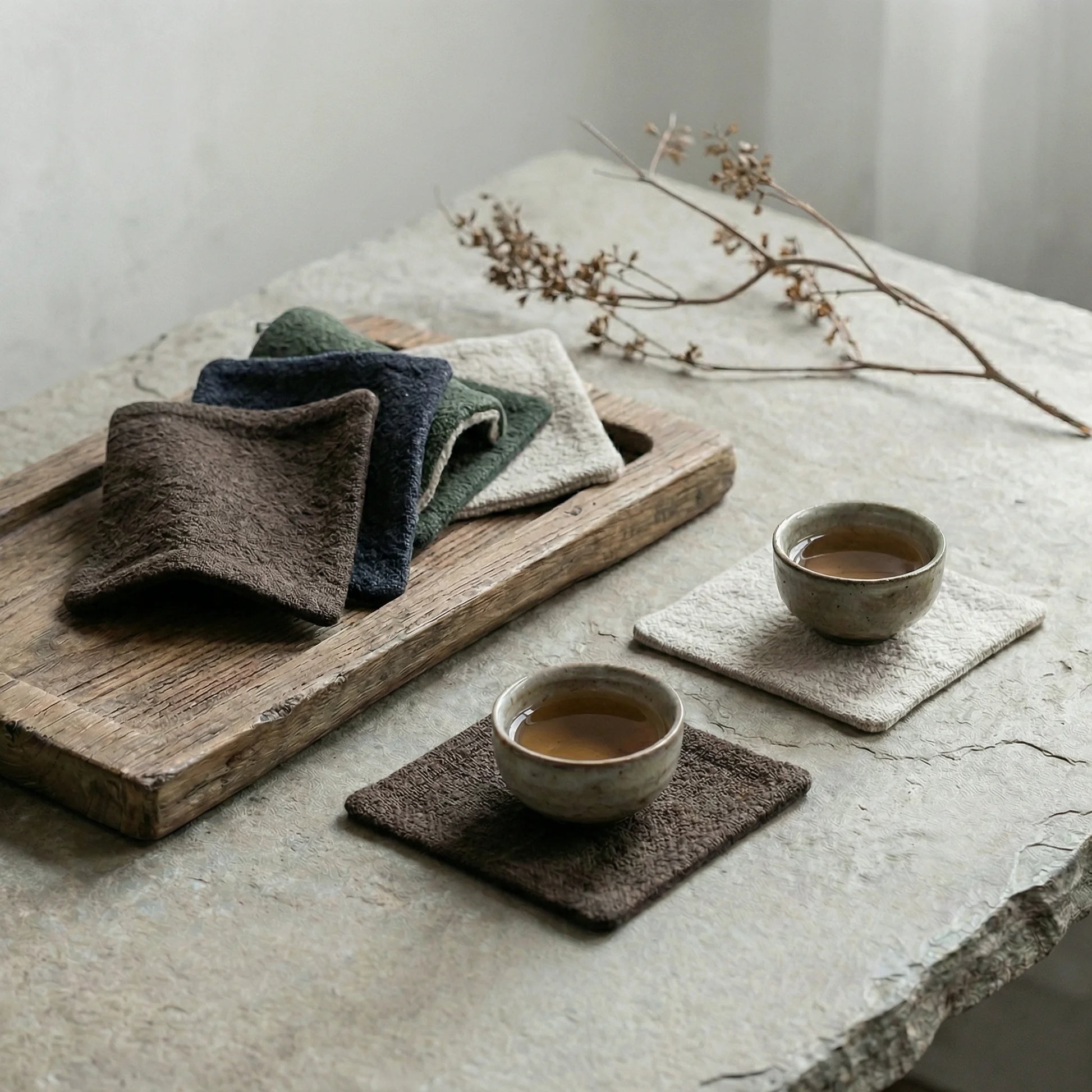 A stack of colorful cotton linen coasters on a rustic wooden tray next to two ceramic tea cups on a stone tabletop