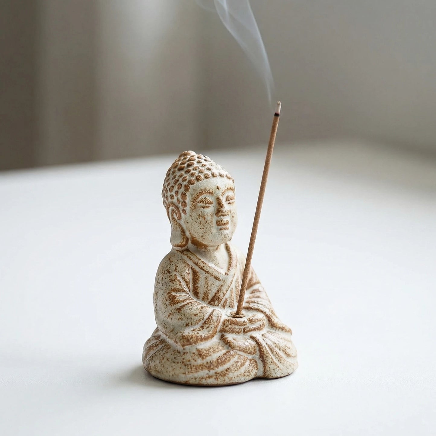 rustic ceramic Little Buddha incense holder with burning incense stick for meditation decor