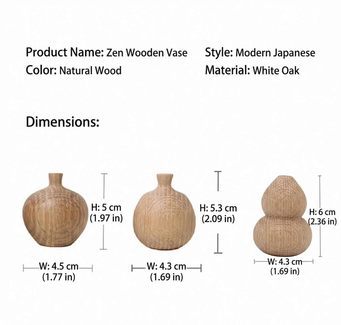 Dimension guide for three styles of Zen wooden vases in natural white oak, showing heights from 5cm to 6cm.