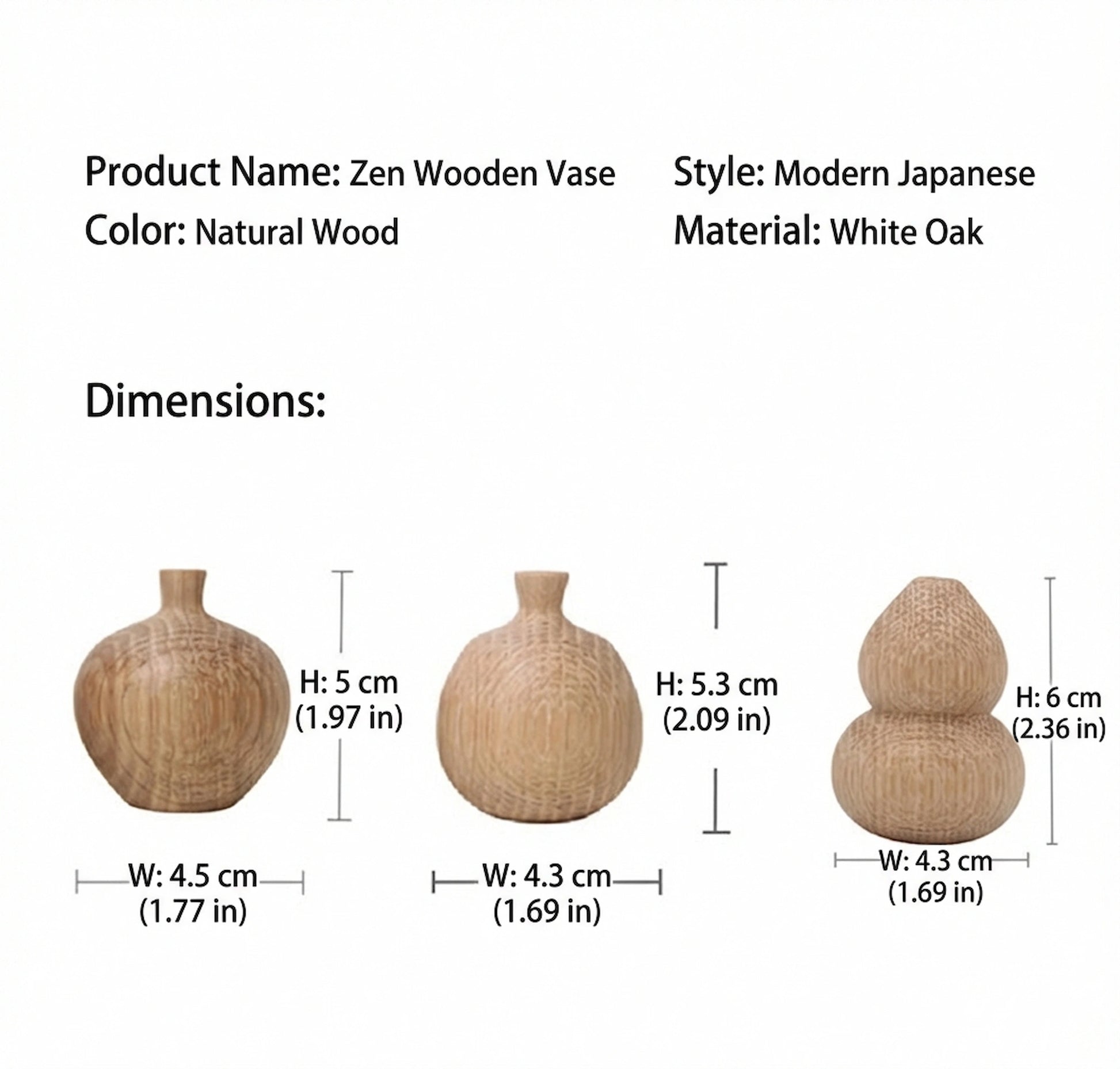 Dimension guide for three styles of Zen wooden vases in natural white oak, showing heights from 5cm to 6cm.