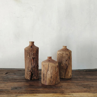 Vintage textured natural wood flower pots for dry floral arrangements, Japanese Wabi-sabi aesthetic.