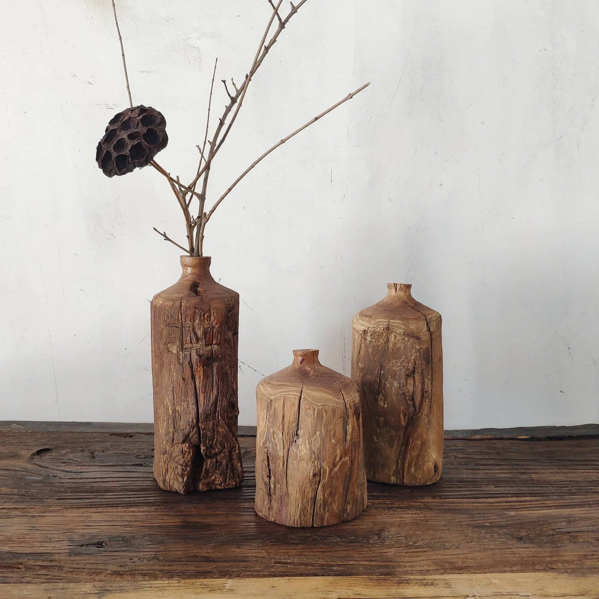 Set of 3 handmade primitive wooden bud vases, Zen-inspired home office desktop ornaments.